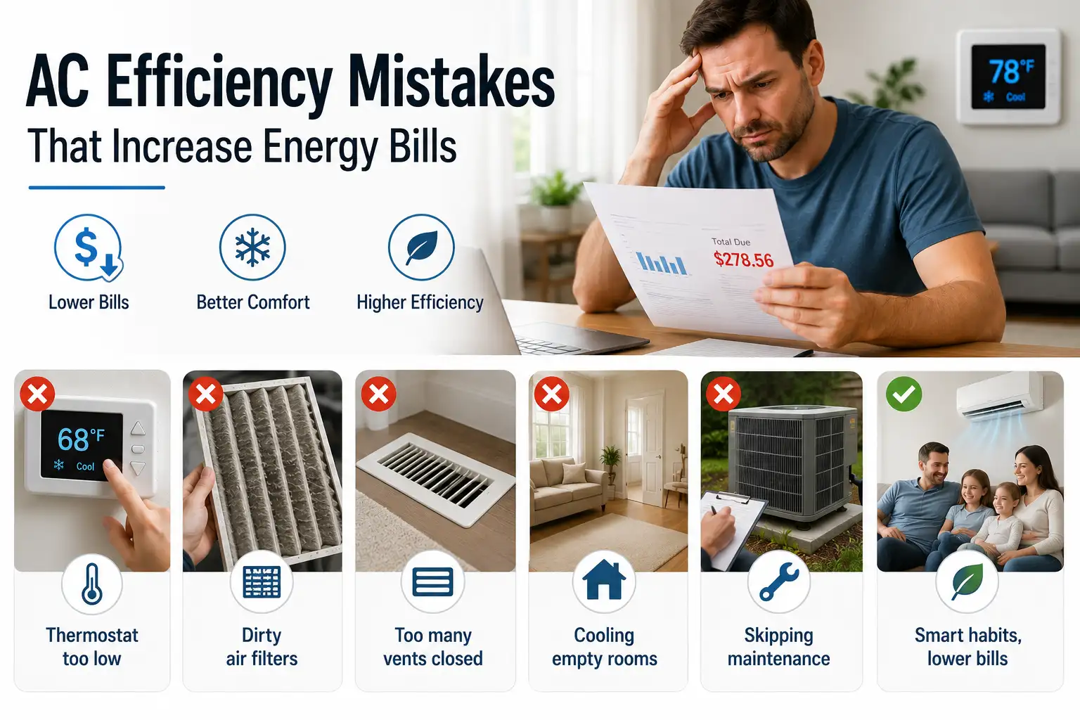 Infographic showing common AC efficiency mistakes that increase energy bills, including setting the thermostat too low, ignoring dirty air filters, closing too many vents, cooling unused rooms, and skipping AC maintenance, alongside the benefits of lower energy costs and improved cooling efficiency.